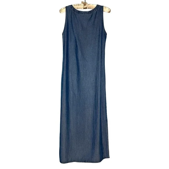 Vintage Dress S Blue Chambray Denim 90s Maxi Midi Long Smock Made In Hong Kong - Picture 3 of 8